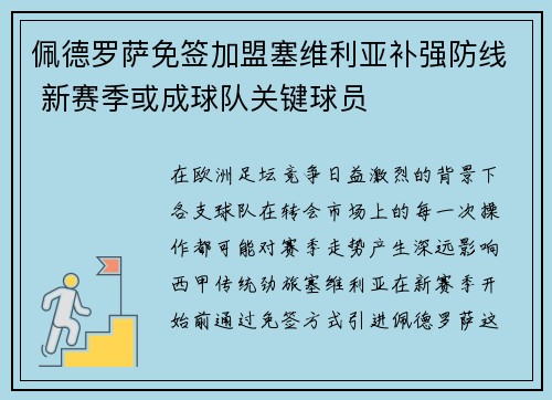 佩德罗萨免签加盟塞维利亚补强防线 新赛季或成球队关键球员